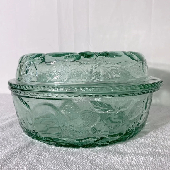 Vintage Libbey Green Glass Orchard Fruit  Oven Proof Round Casserole W Lid - Picture 2 of 15